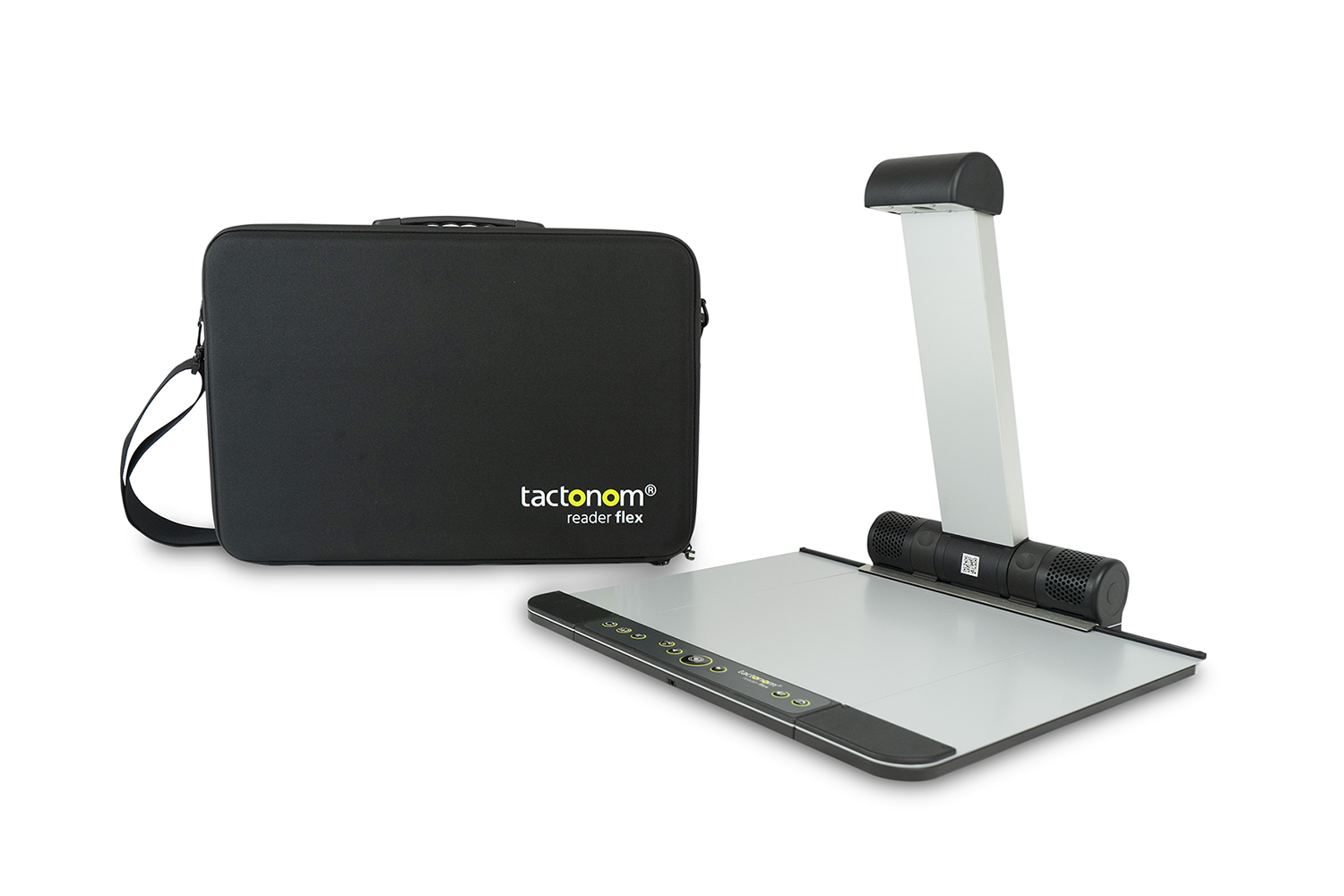 Tactonom Reader Flex and Bag The Tactonom Reader Flex is shown at a slight angle to the side. Next to it is the corresponding carrying case.