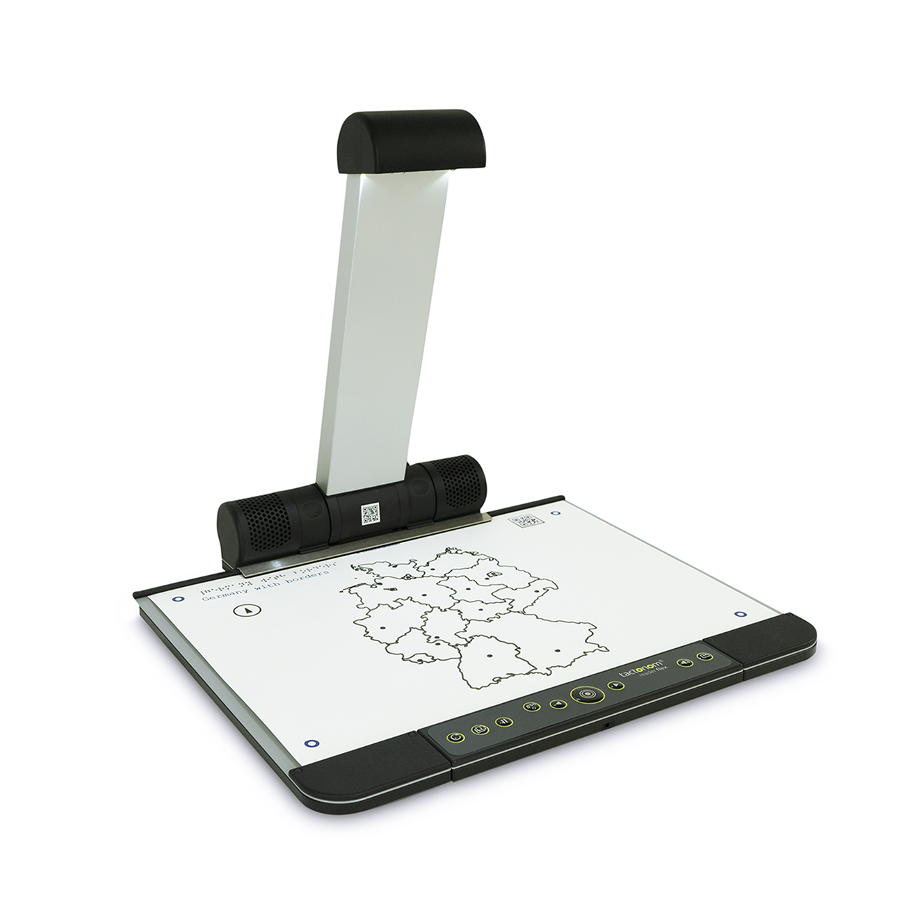 Tactonom-Reader-Flex-2 The Tactonom Reader Flex is shown at an angle from the side. There is a tactile graphic of the map of Germany.