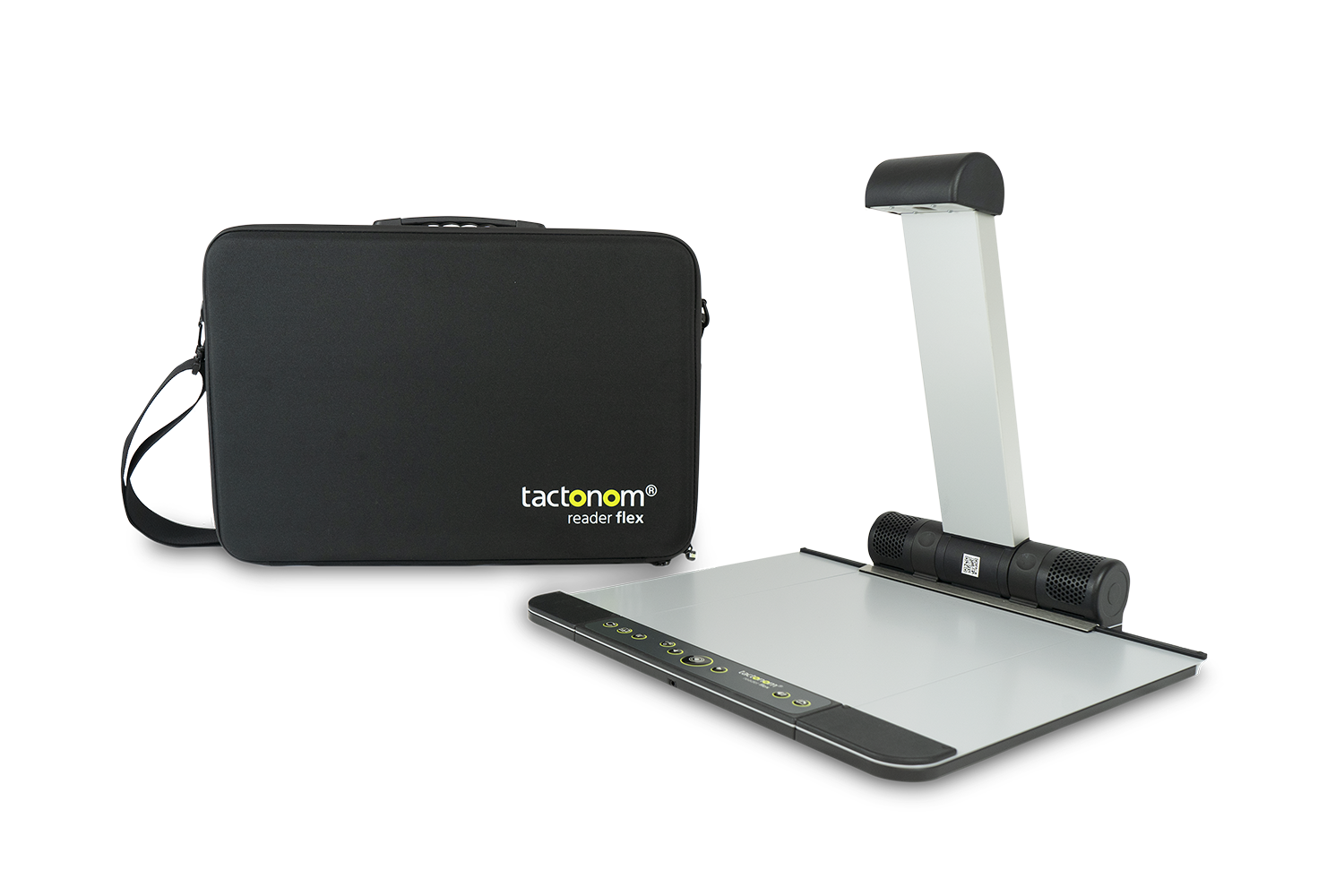 The Tactonom Reader Flex stands next to the transportation bag.